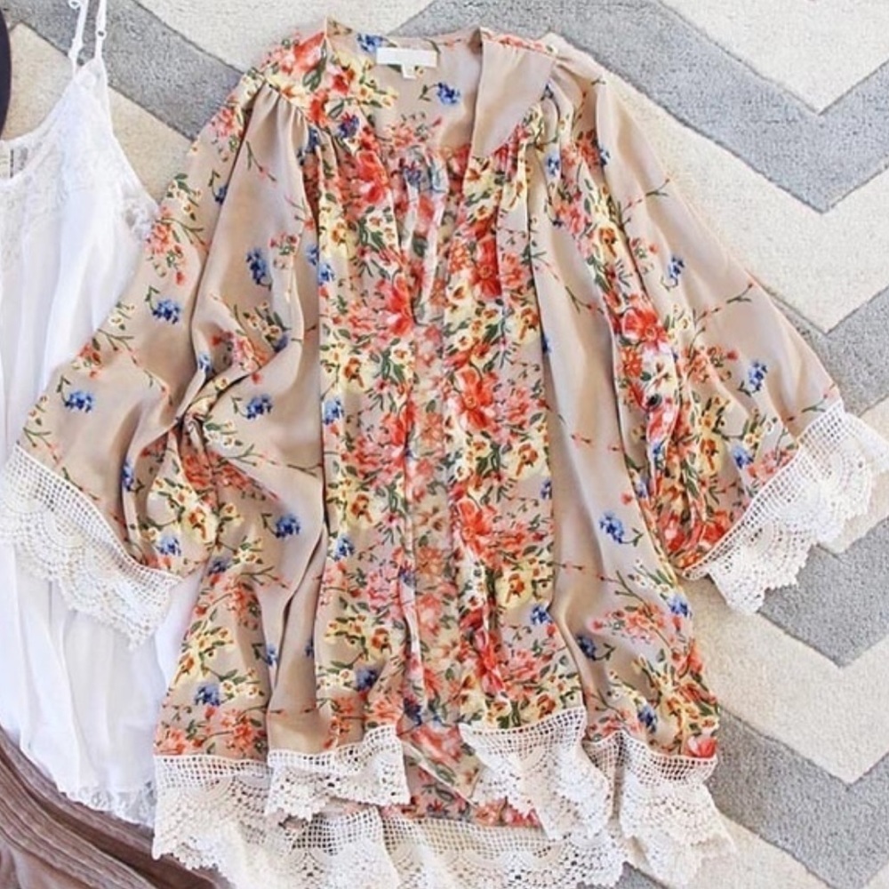 Tan Floral Kimono Cardigan
